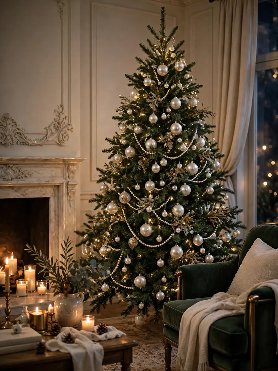 Indoor Christmas tree with lustrous pearl ornaments and soft candlelight glow in an elegant room