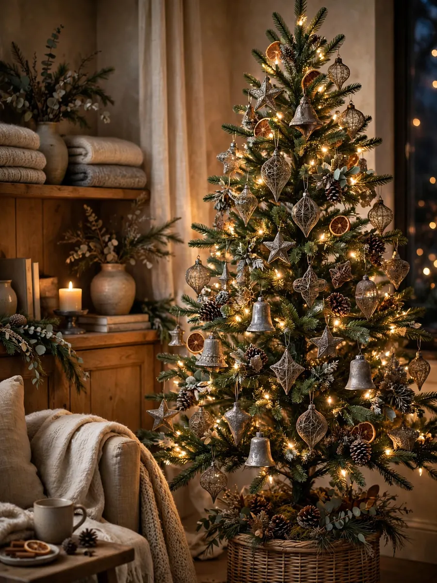 Christmas tree with aged pewter filament ornaments and warm glowing lights in a cozy interior
