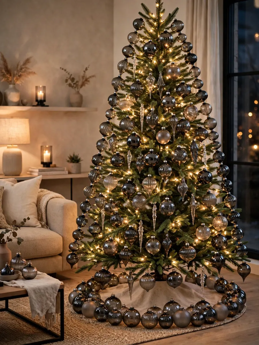 Smoked glass ornaments edging a lighted Christmas tree in a modern living room