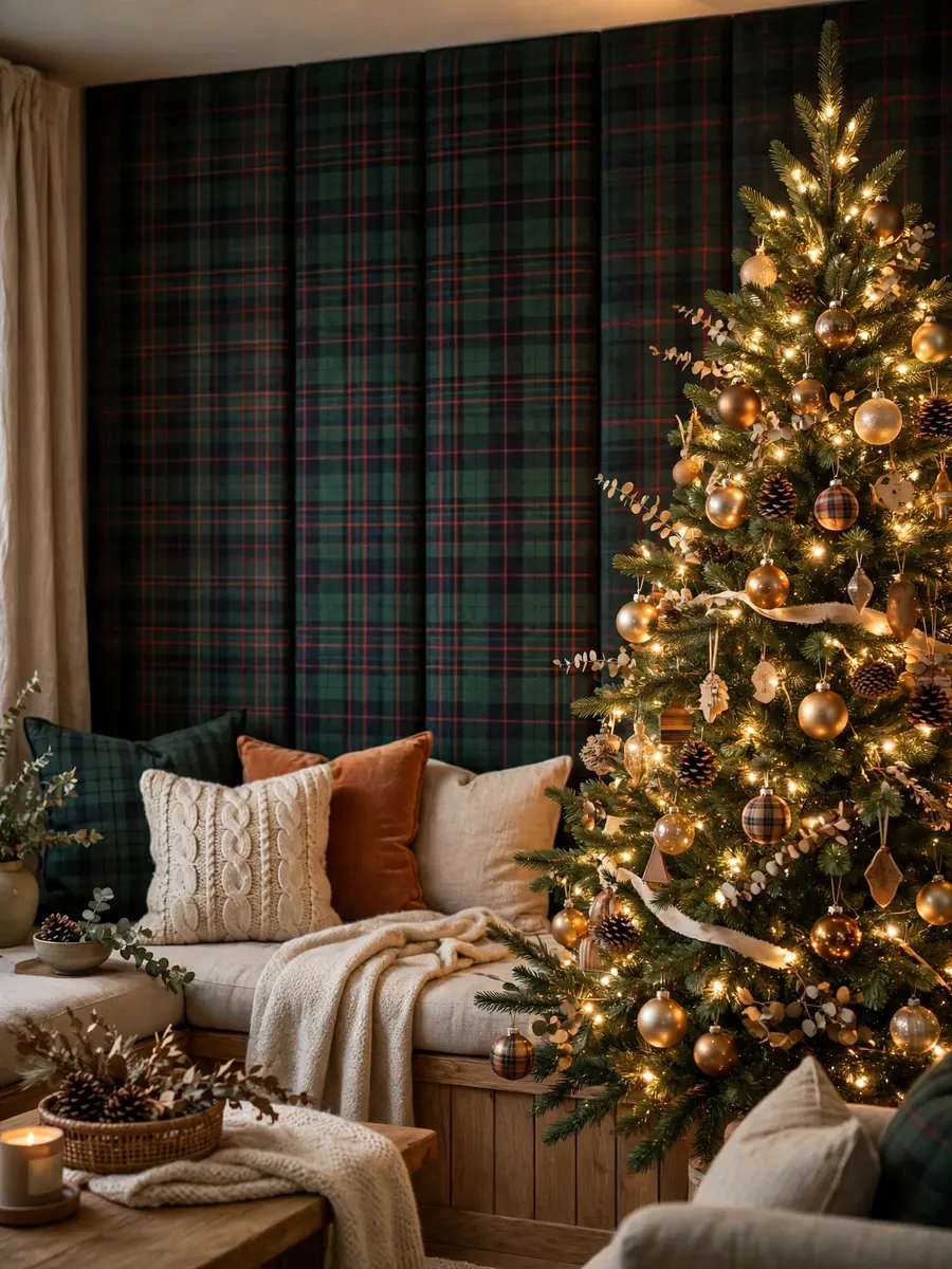 Lighted Christmas tree with a tartan plaid panel backdrop and cozy cushions in a living room