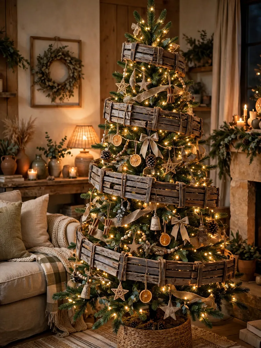 Indoor lighted tree with weathered teak garland tiers and rustic ornaments in a warm living room
