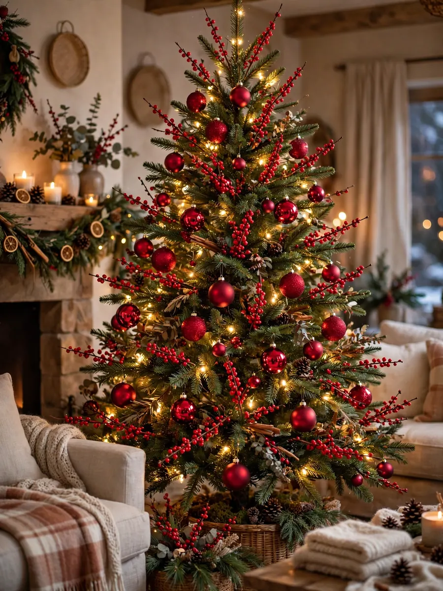 Winterberry crimson sphere ornaments on a lighted Christmas tree in a warm festive living room