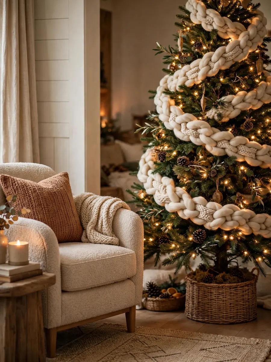 Christmas tree with chunky wool garland boughs and warm built-in lights beside a cozy armchair
