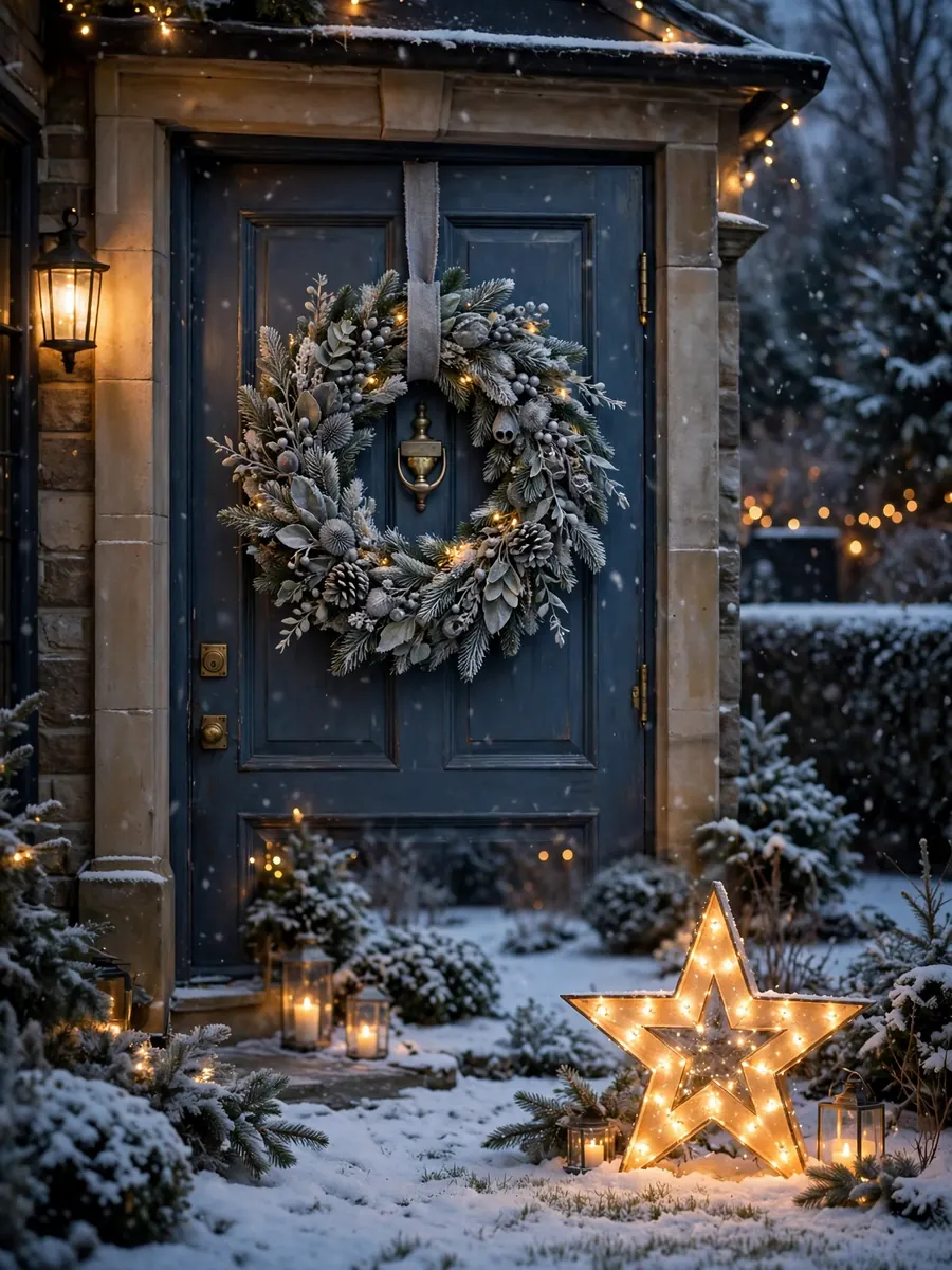 Christmas wreath in aged pewter tones hanging on a front door with a glowing Merry Christmas lighted sign in the snowy yard