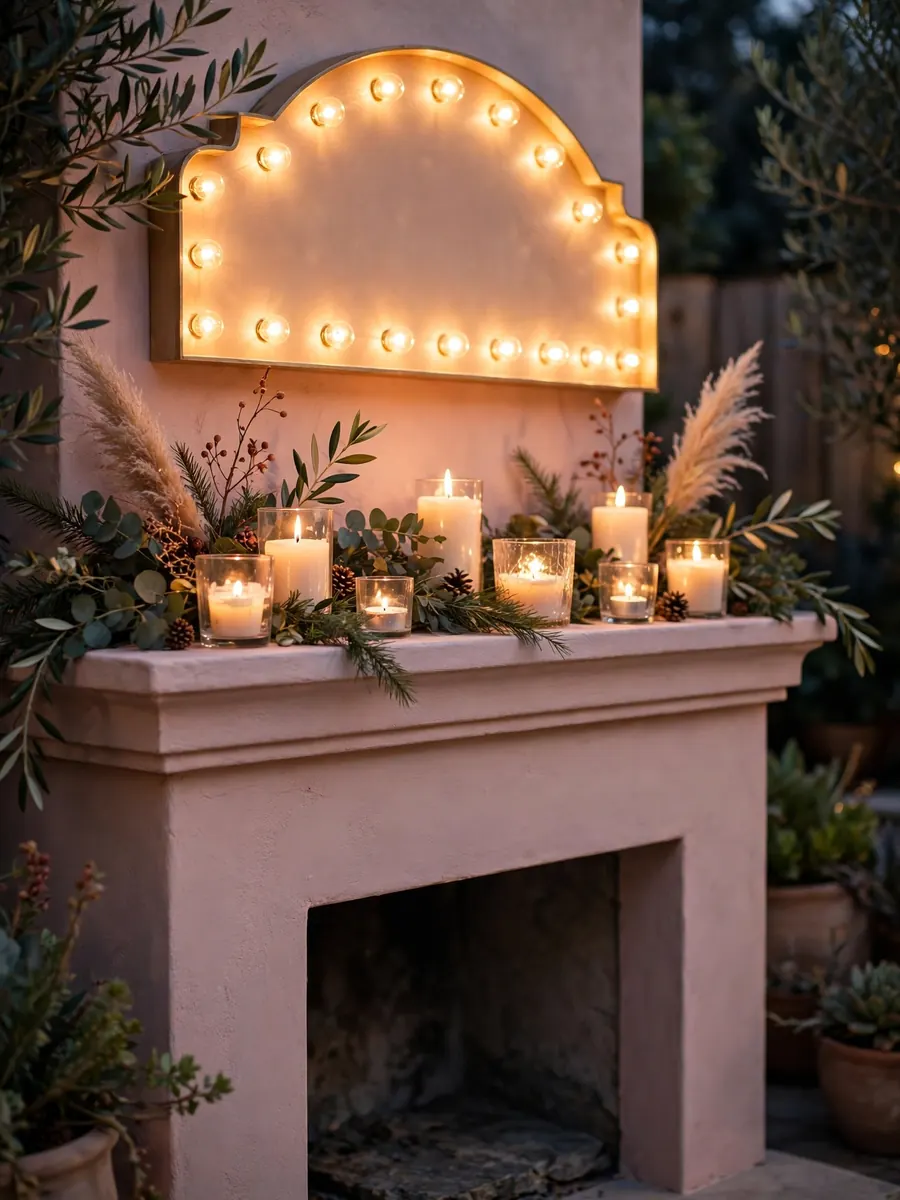 Outdoor fireplace mantel styled in blush pink with candles beneath a glowing Merry Christmas lighted sign