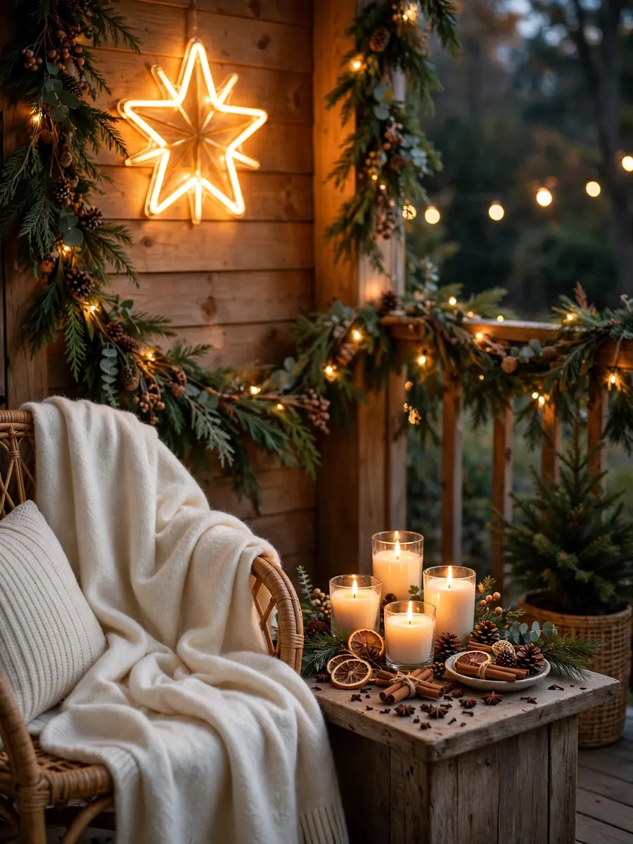Cozy porch corner with ivory cashmere throws, spiced candles and a warm glowing Merry Christmas sign in the background