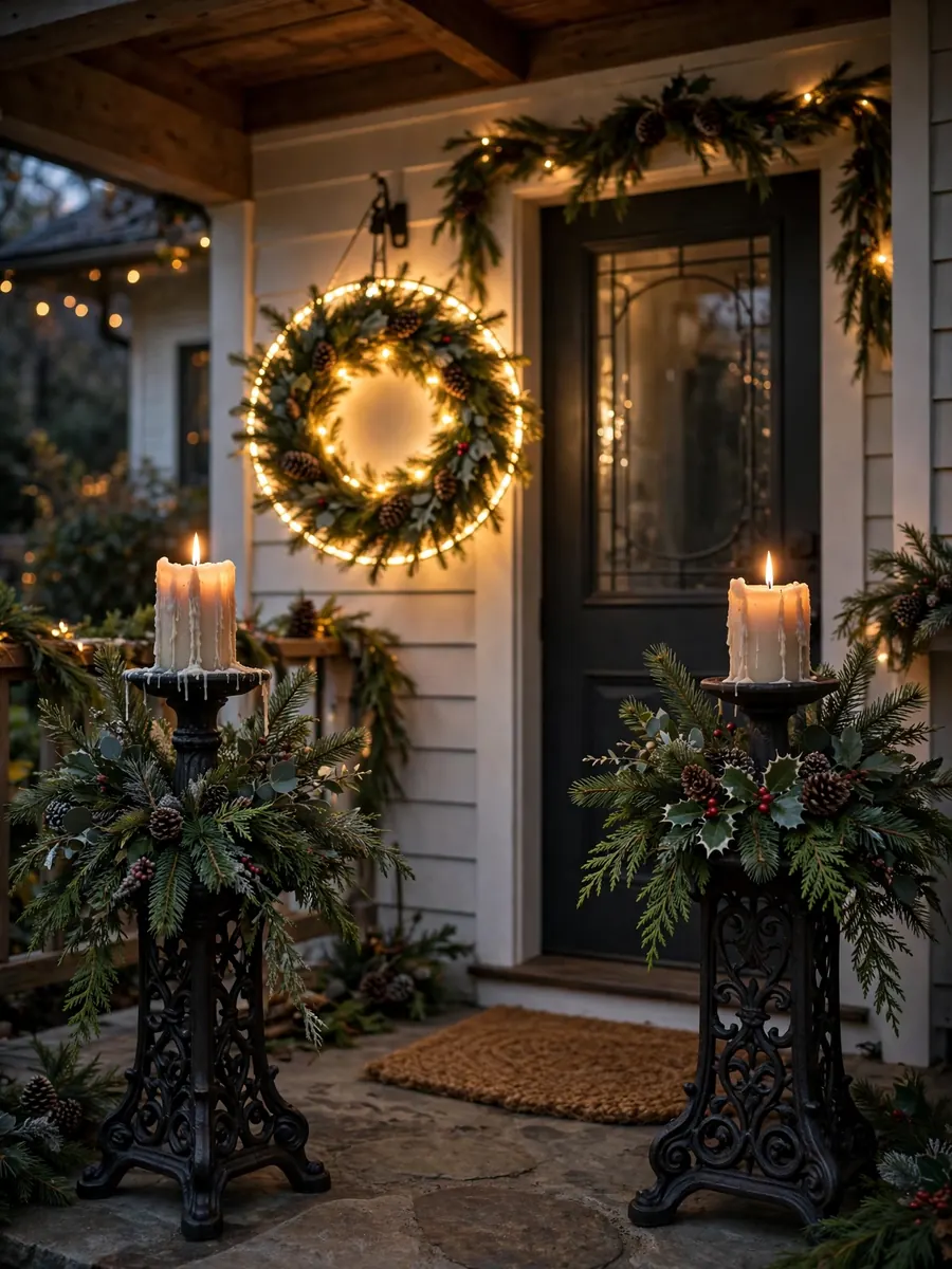 Cast iron pedestals holding candles and greenery flanking an illuminated Merry Christmas sign on a porch