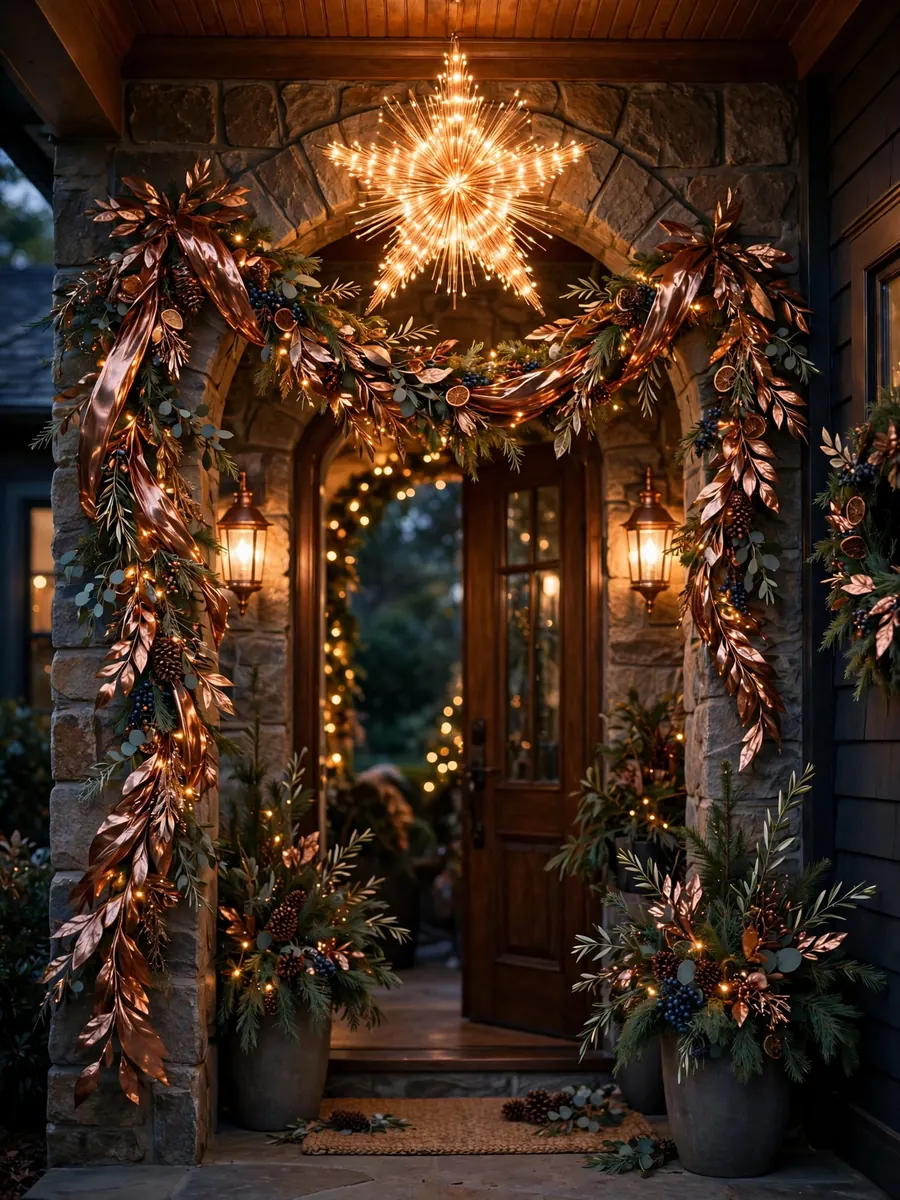 Polished copper swag garlands draped over a porch archway with a bright Merry Christmas lighted sign
