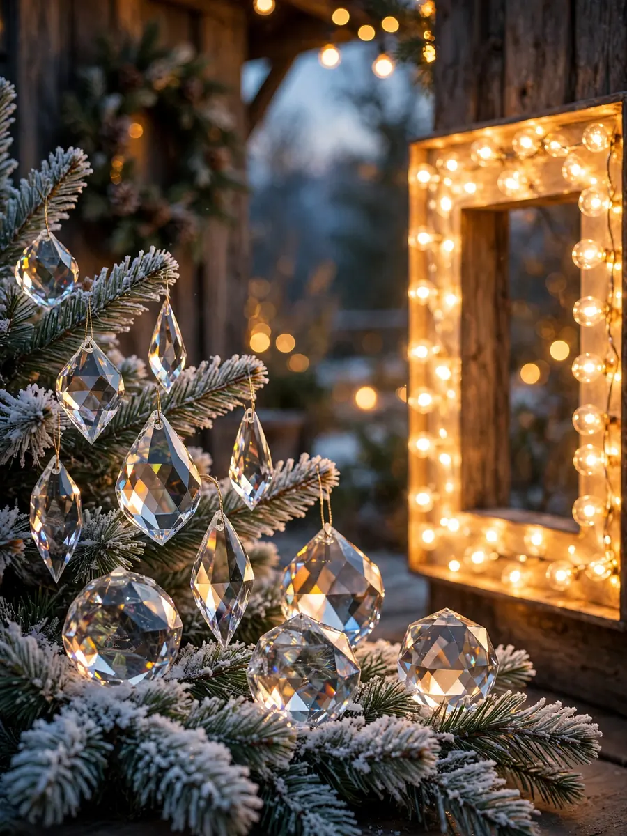 Faceted crystal ornaments on flocked pine needles beside a bright Merry Christmas lighted sign outdoors