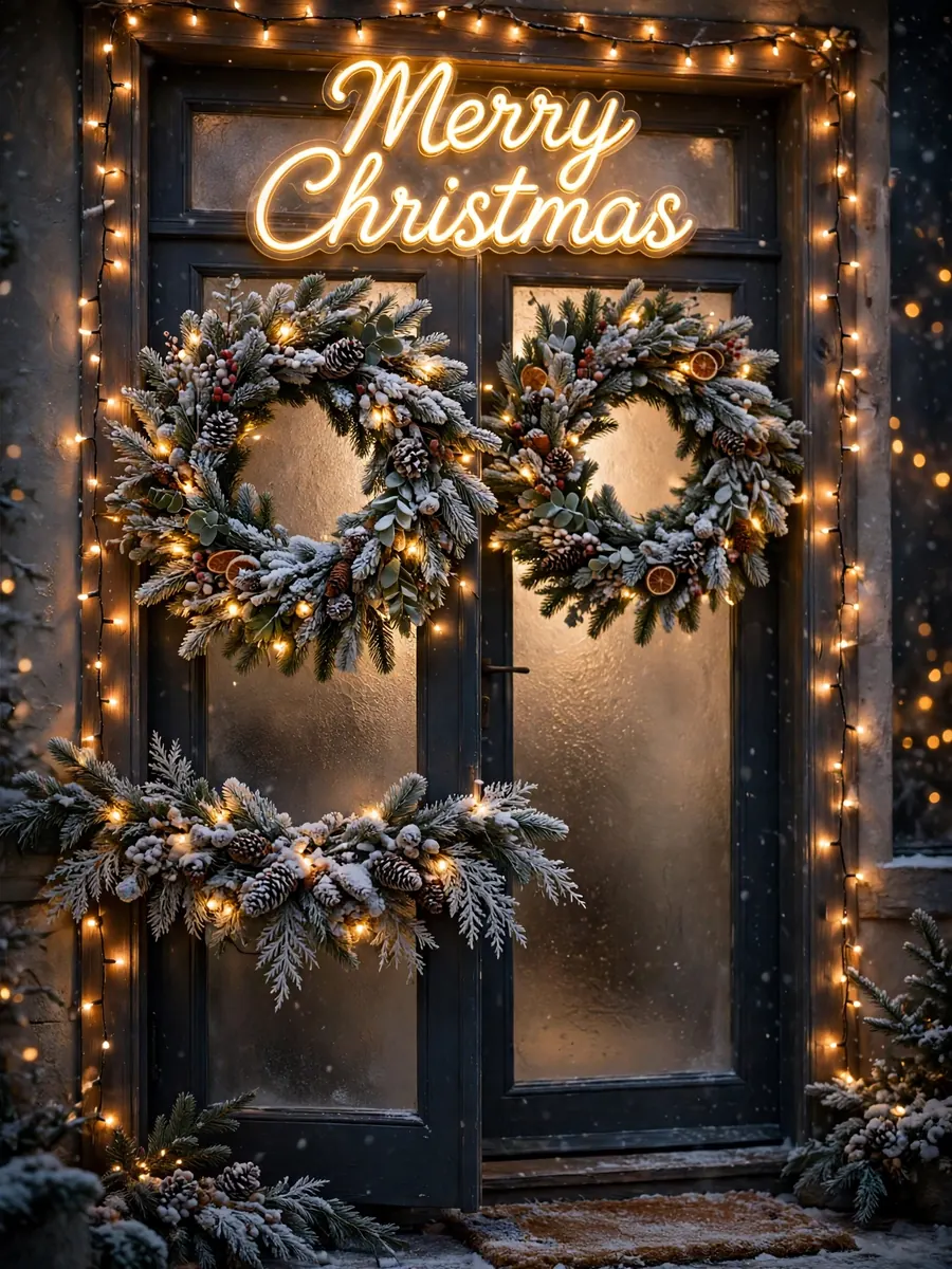 Frosted glass doorway decor with snowy wreaths and warm lights around a glowing Merry Christmas sign