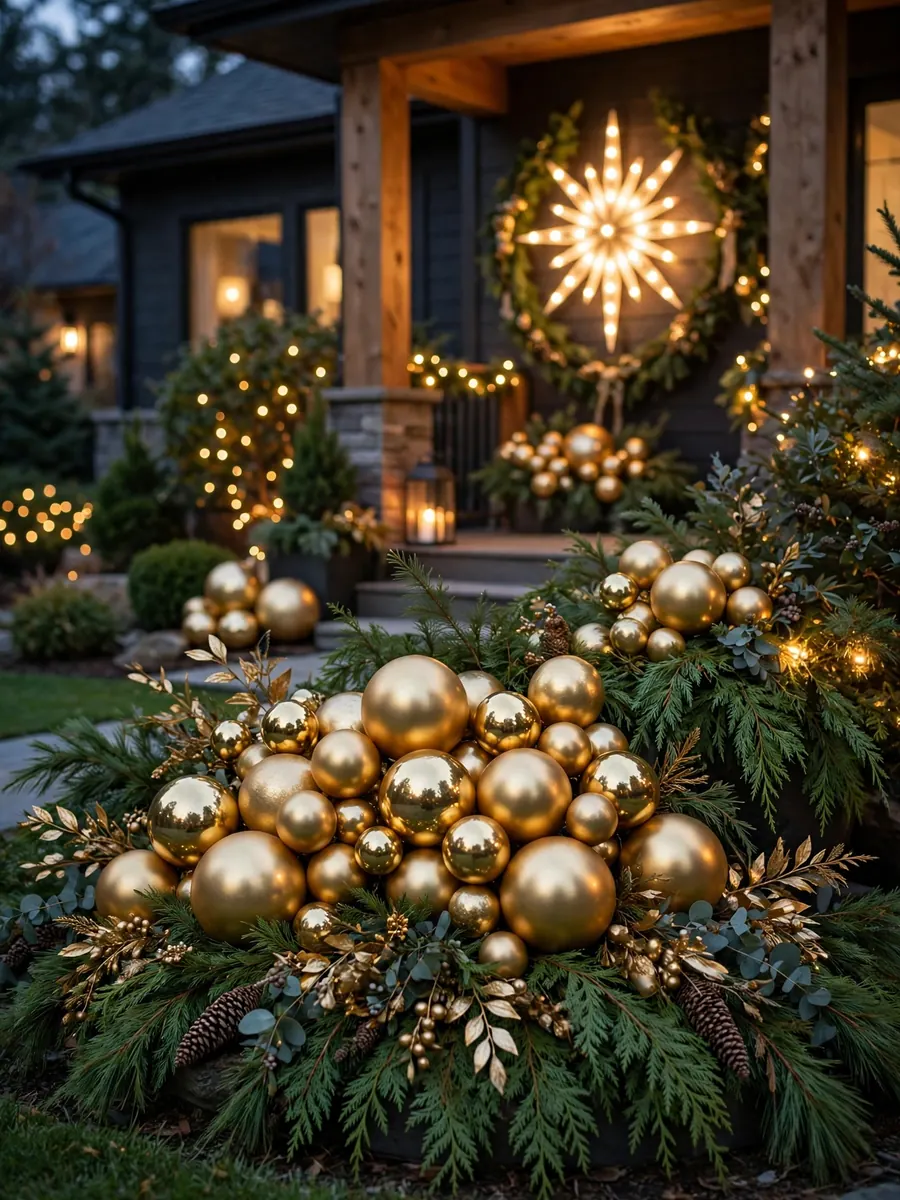 Burnished gold sphere ornaments clustered in a front yard Christmas display with an illuminated Merry Christmas sign