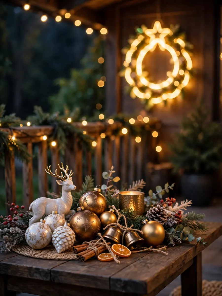 Golden bronze and porcelain ornaments arranged on a porch table with a glowing Merry Christmas sign behind