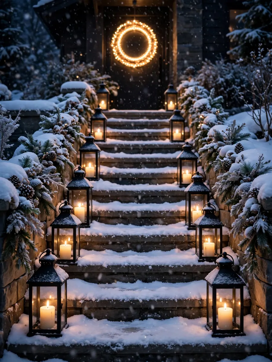 Matte black lanterns with warm candles lining snowy steps toward a glowing Merry Christmas lighted sign