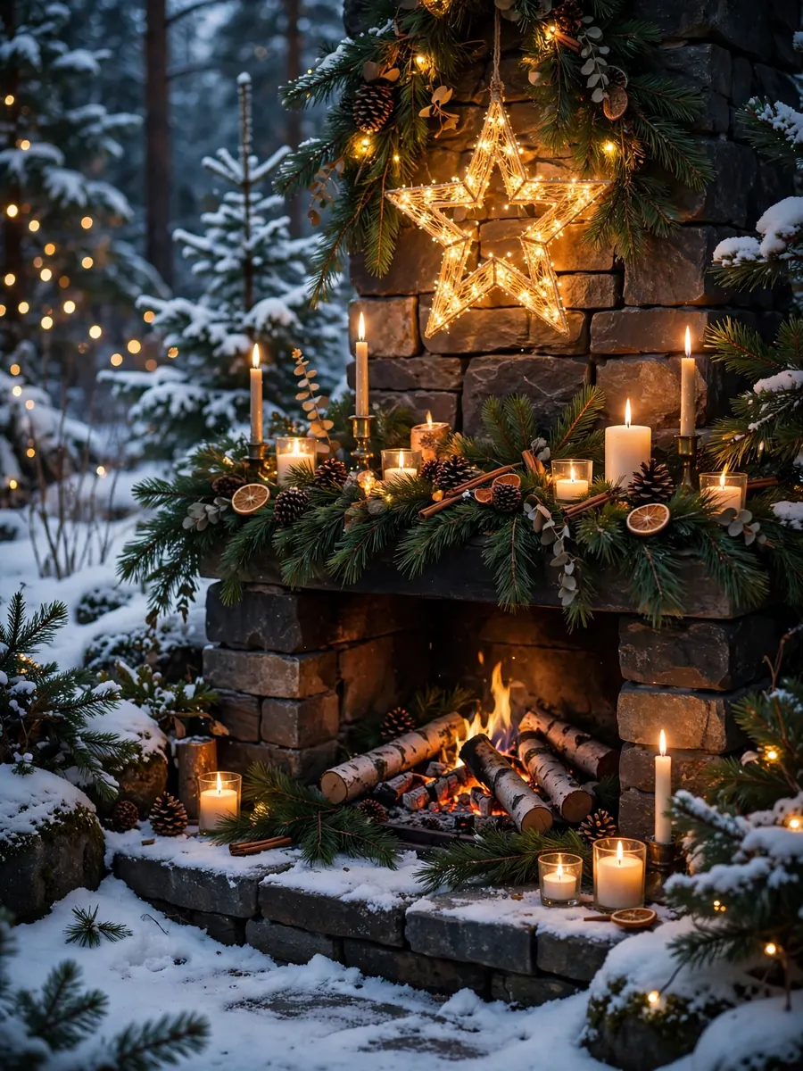 Nordic pine outdoor hearth setting with candles and a glowing Merry Christmas sign in a snowy garden