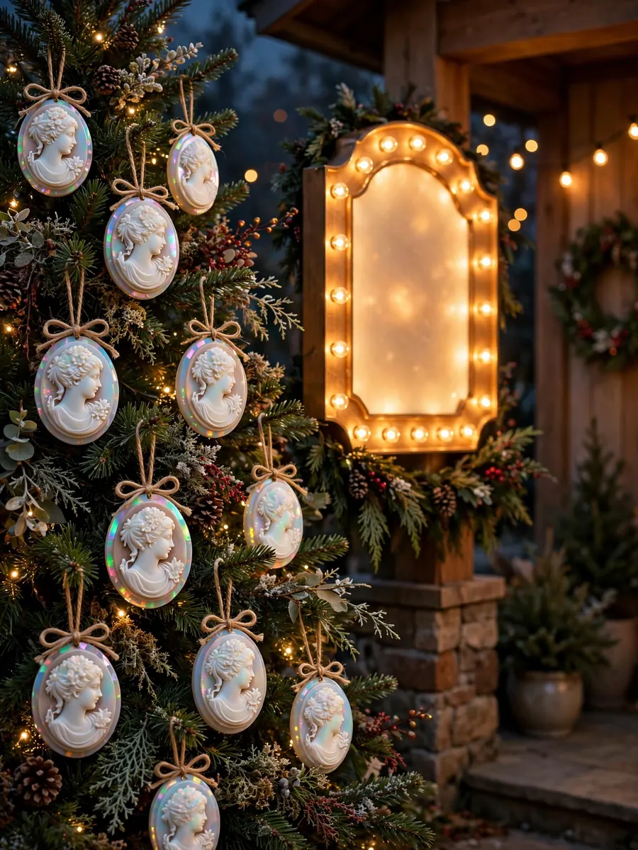 Opal glass cameo ornaments on an outdoor Christmas tree beside a glowing Merry Christmas lighted sign