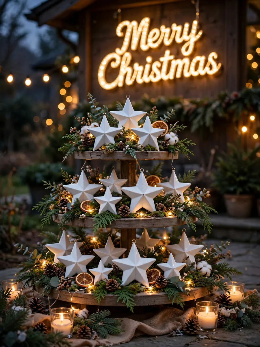 White porcelain star ornaments in a tiered outdoor display with a glowing Merry Christmas sign at dusk
