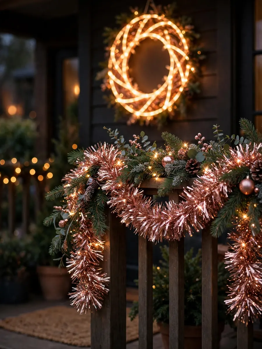 Rose gold tinsel garlands sparkling on a porch railing with a warm glowing Merry Christmas sign