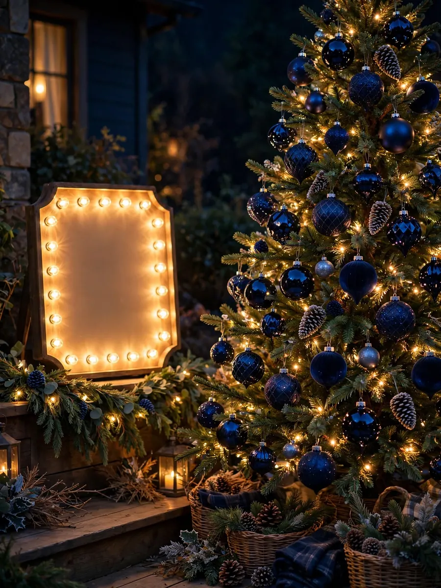Midnight sapphire blue ornaments on an outdoor Christmas tree beside a glowing Merry Christmas sign at night