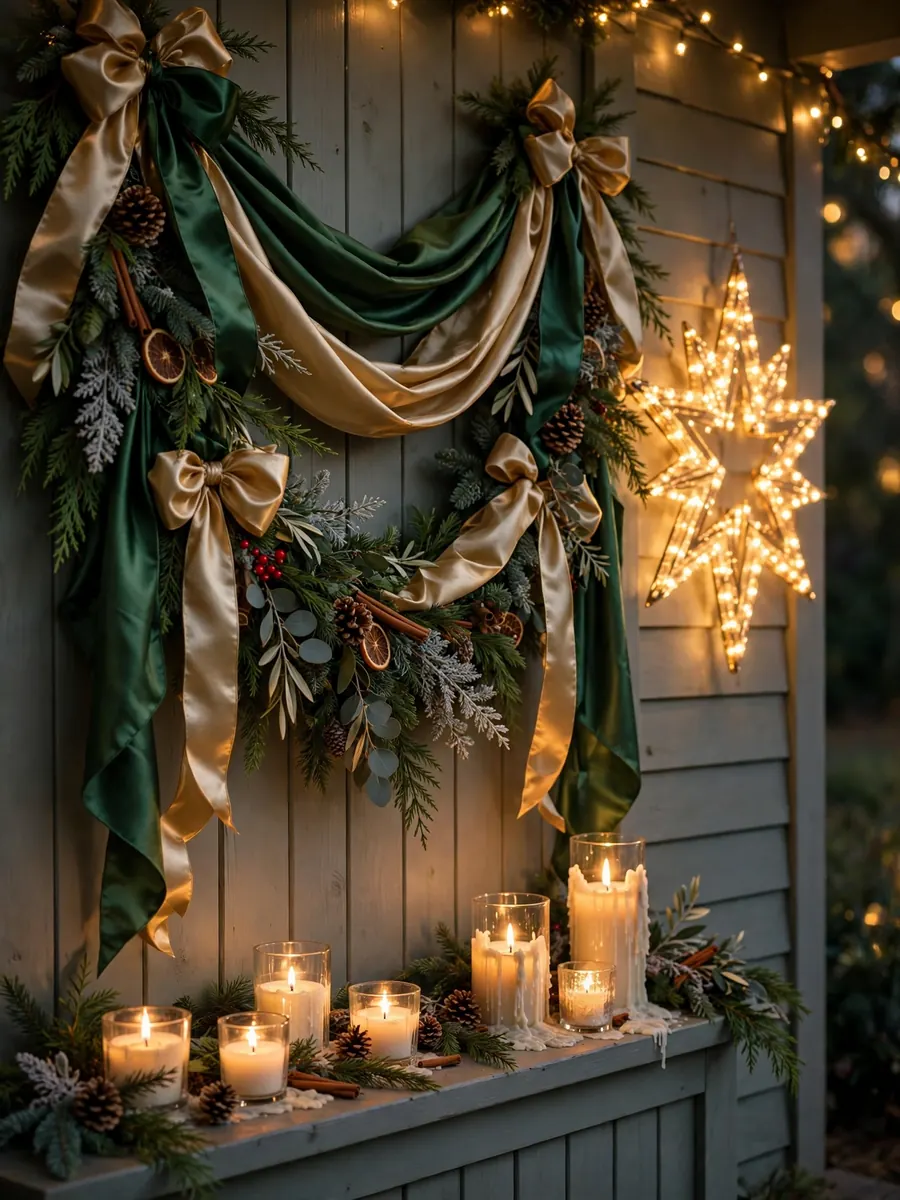 Opulent silk ribbon display on a porch wall with candles and an illuminated Merry Christmas sign