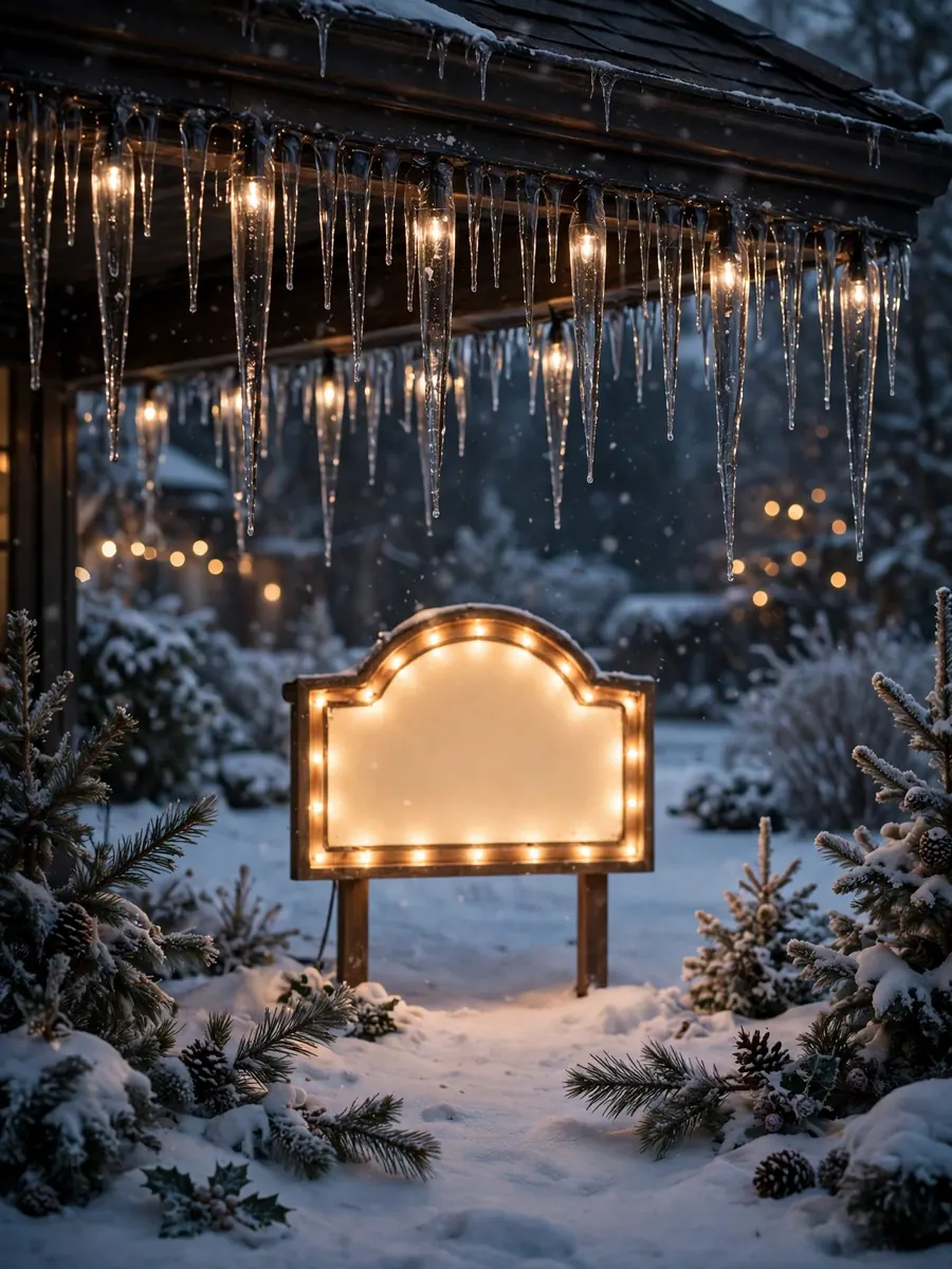Smoked glass icicle lights hanging along a porch roofline above a glowing Merry Christmas sign in a snowy yard