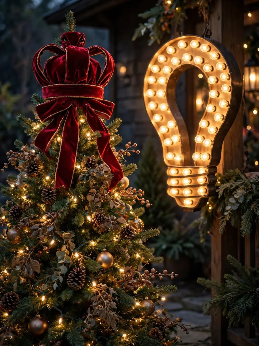 Plush velvet crown ribbon topper on an outdoor Christmas tree next to an illuminated Merry Christmas sign