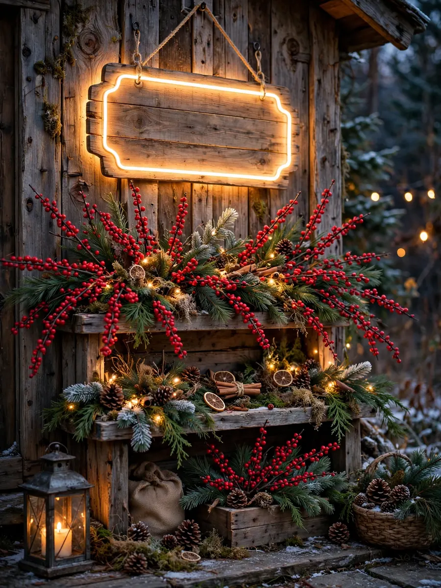 Rustic wooden Christmas display with winterberry crimson branches and a glowing Merry Christmas sign outdoors