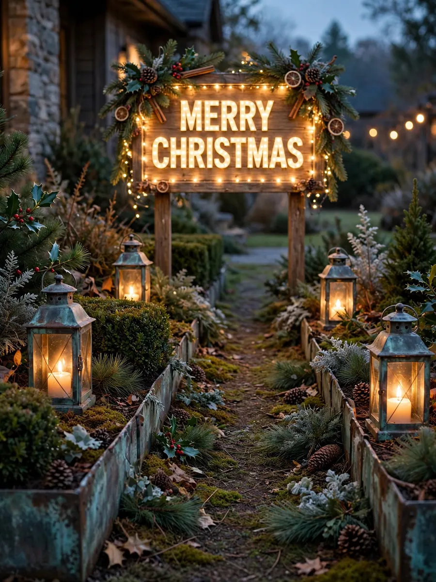Garden border with distressed zinc lanterns and edging leading to an illuminated Merry Christmas sign at dusk