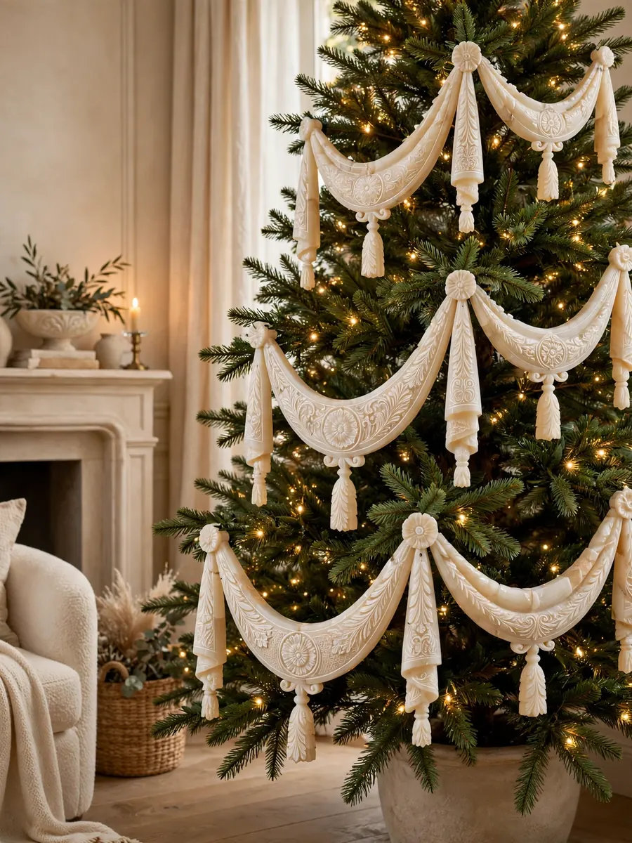 Etched alabaster swag ornaments draped on a Christmas tree in a soft elegant room