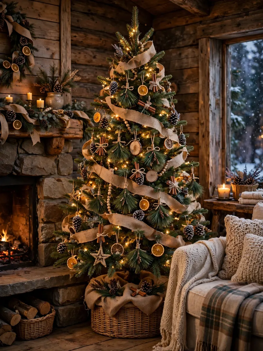 Natural burlap and pine needle ornaments on a rustic Christmas tree in a cozy cabin living room