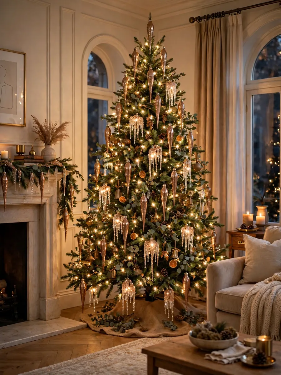 Christmas tree with champagne bronze icicle ornaments sparkling in warm light in an elegant living room