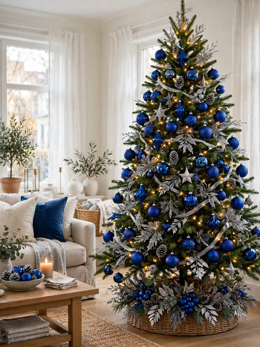 Christmas tree edged with cobalt blue metallic ornaments and silver accents in a bright living room