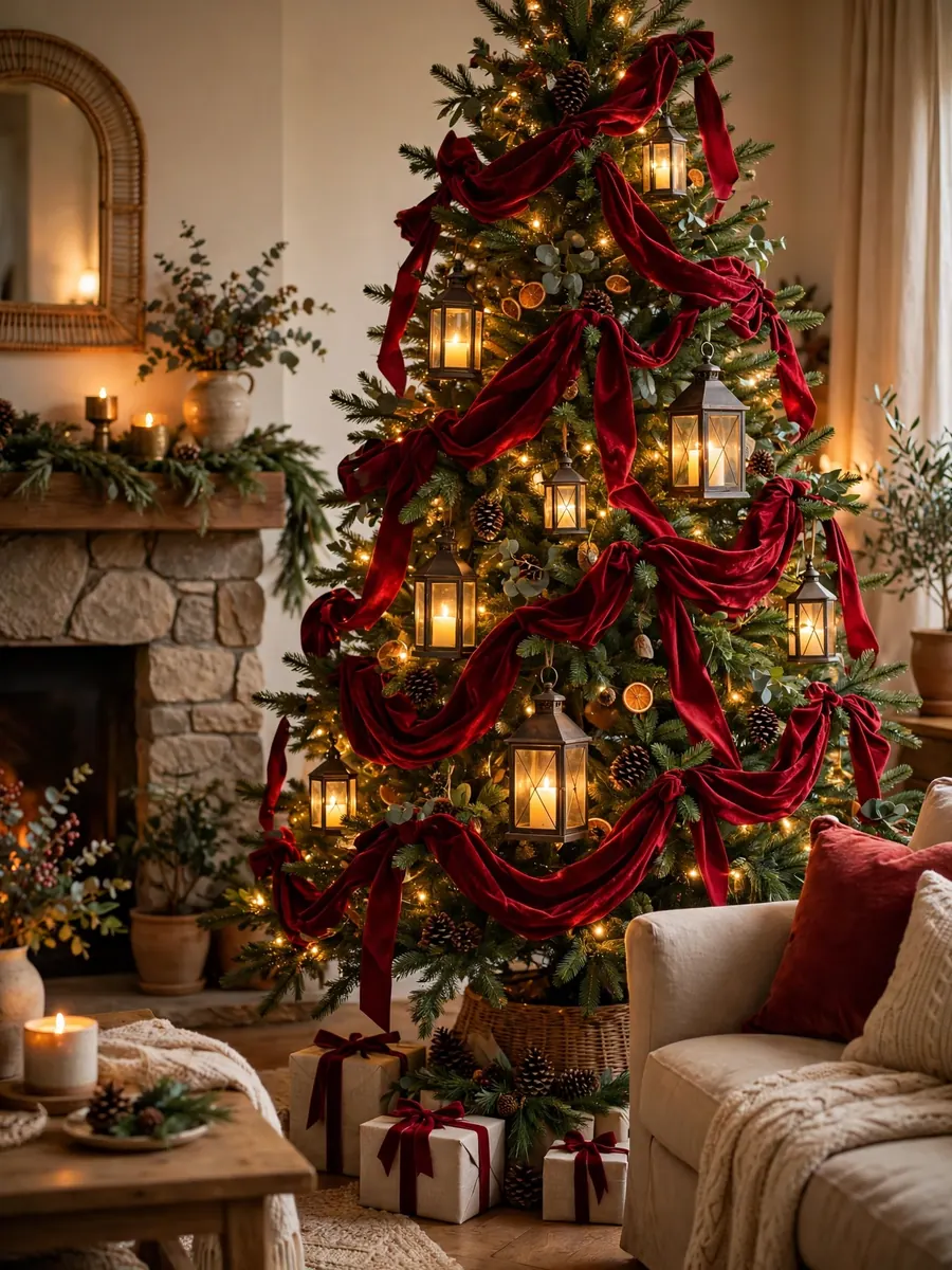 Crimson velvet ribbons and glowing lanterns decorating a Christmas tree in a warm living room