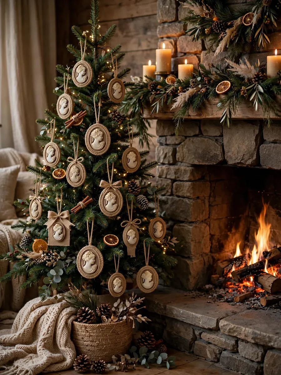 Natural jute cameo ornaments hanging on a Christmas tree beside a cozy fireplace
