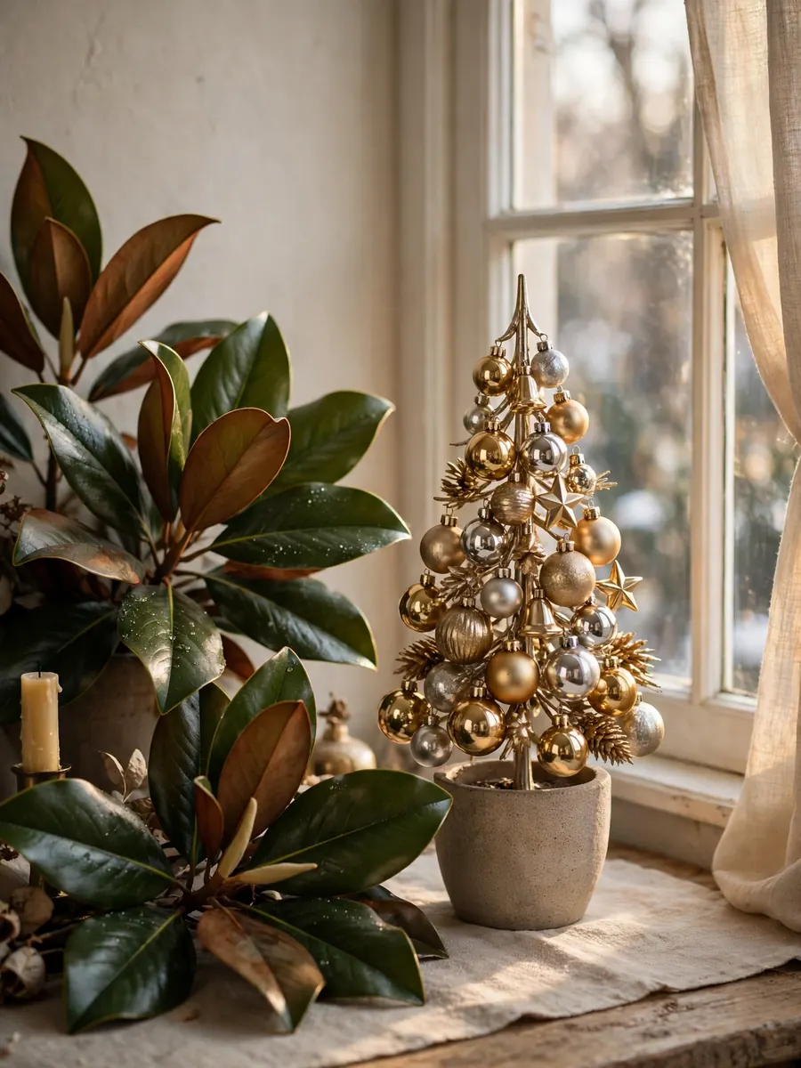 Magnolia leaf and metallic ornament Christmas tree vignette beside a window