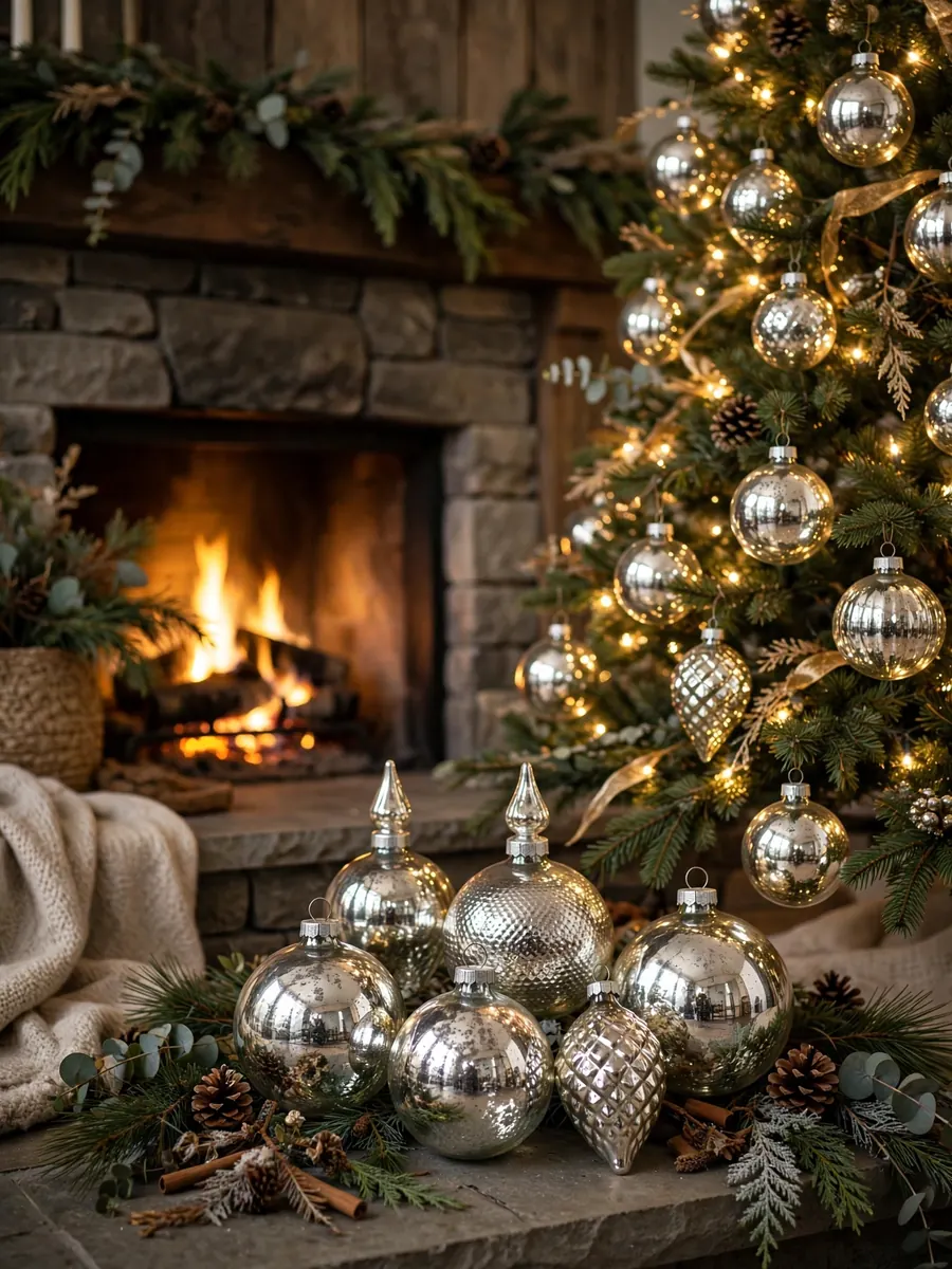 Mercury glass ornaments by a glowing hearth beside a decorated Christmas tree