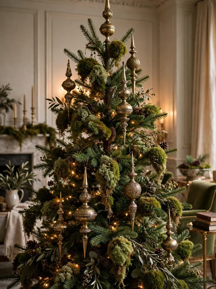 Botanical moss and metallic finial ornaments on a Christmas tree in an elegant interior