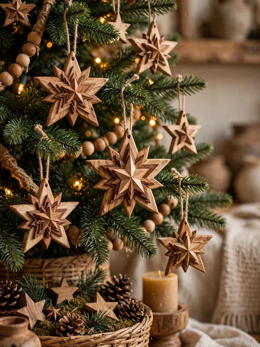 Carved pine star ornaments on a Christmas tree with warm lights and wooden accents