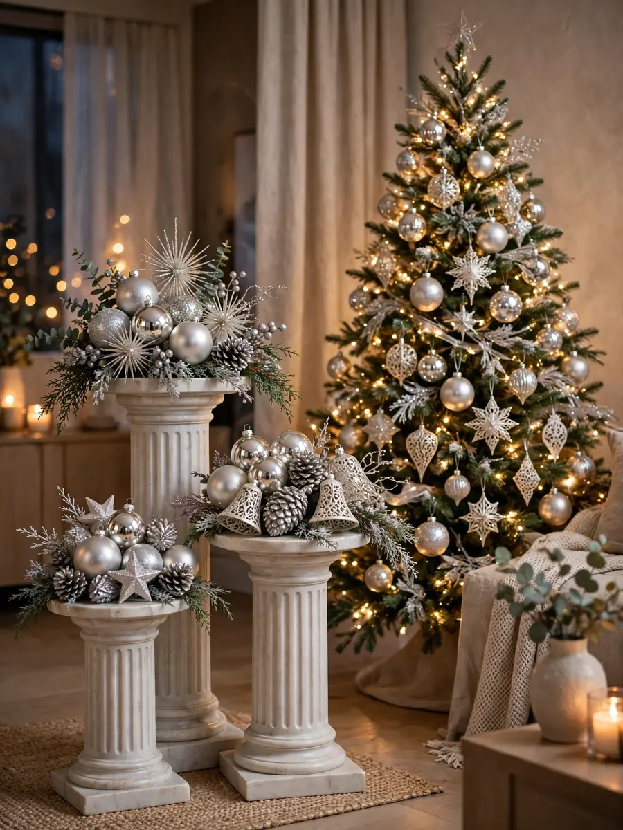 Shimmering platinum ornaments on pedestal arrangements beside an elegant Christmas tree