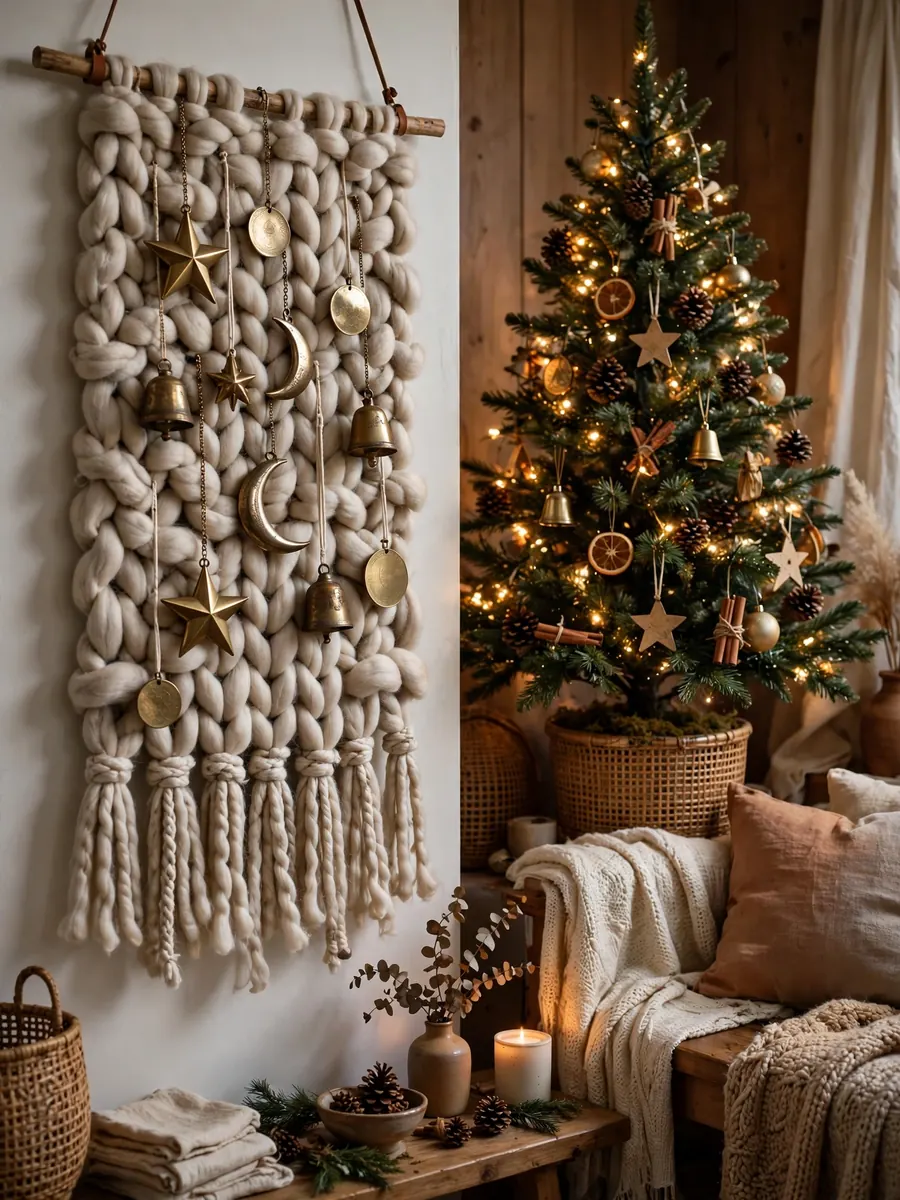 Chunky wool wall hanging with metallic ornaments beside a Christmas tree in a cozy room