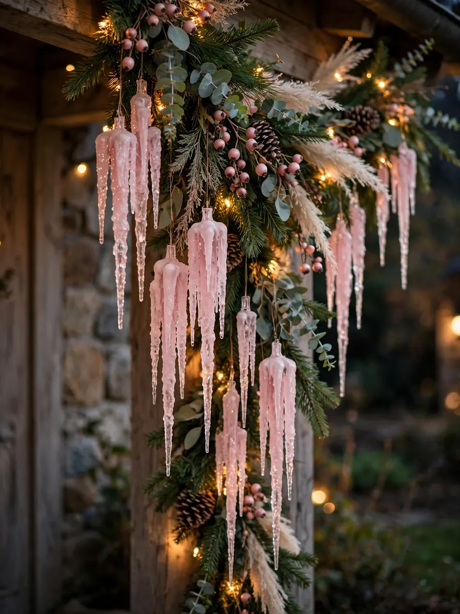Blush Pink Icicle Vignettes idea for Outdoor Lighted Christmas Garland