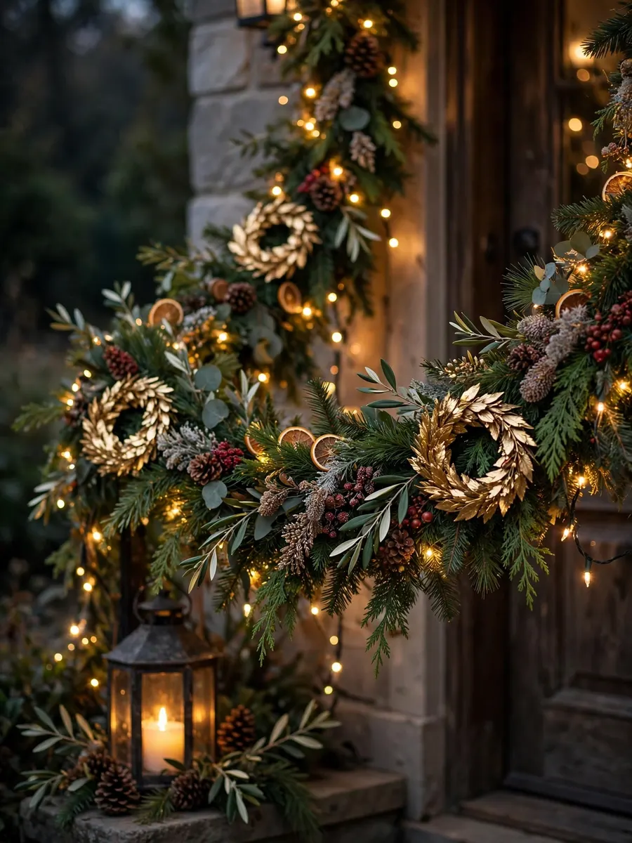 Burnished Gold Wreath Touches idea for Outdoor Lighted Christmas Garland