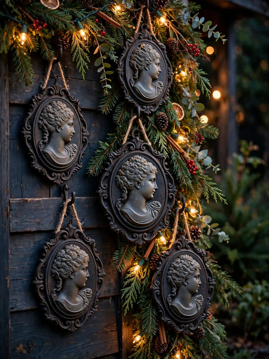 Cast Iron Cameos Features idea for Outdoor Lighted Christmas Garland