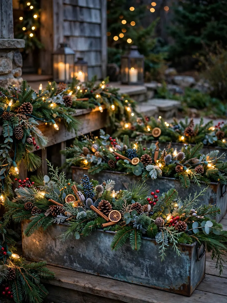 Distressed Zinc Runners Arrangements idea for Outdoor Lighted Christmas Garland