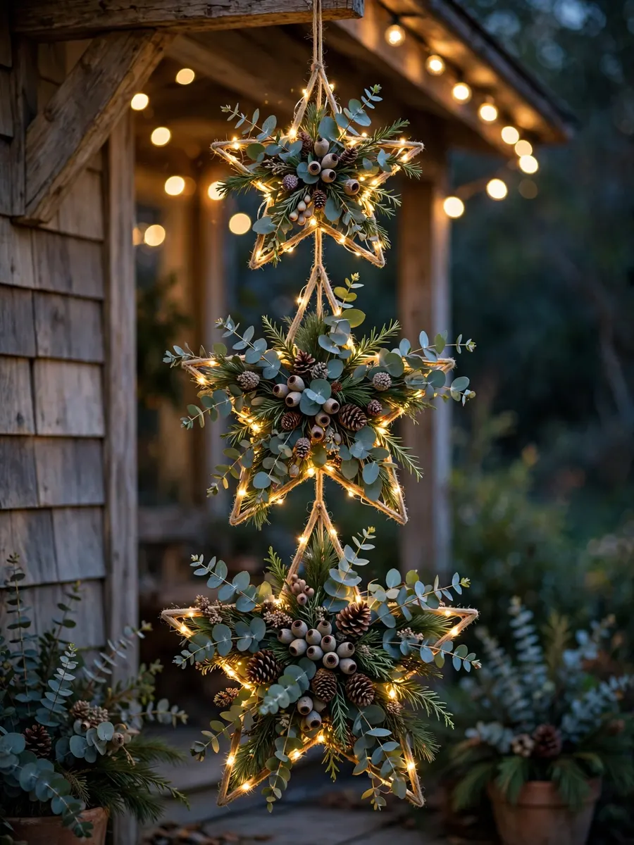 Eucalyptus Spray Star Tiers idea for Outdoor Lighted Christmas Garland