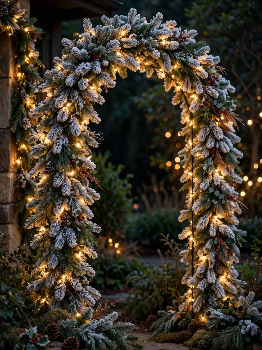 Flocked Needle Arch Features idea for Outdoor Lighted Christmas Garland