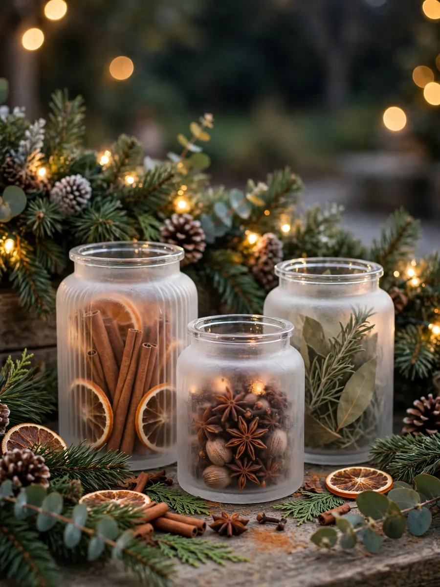 Frosted Glass Spice Styling idea for Outdoor Lighted Christmas Garland