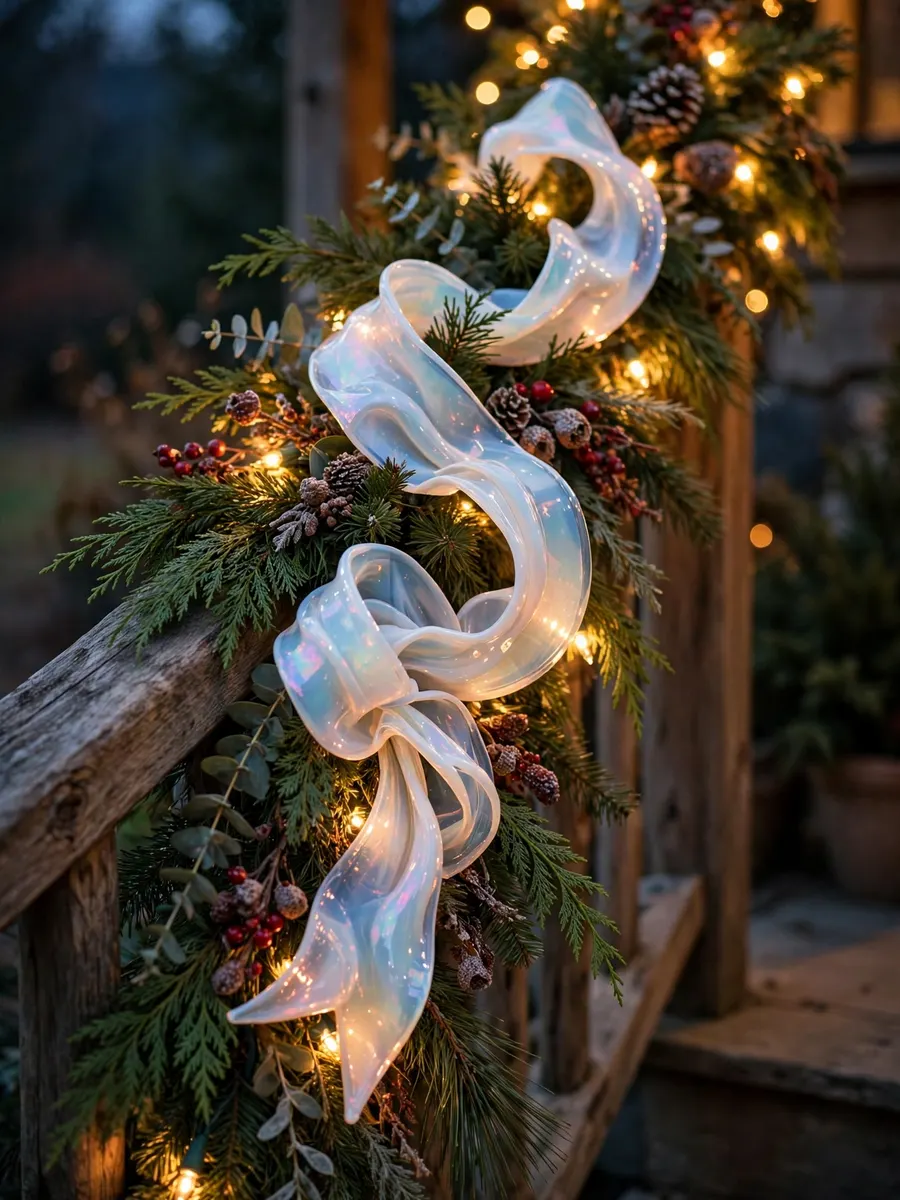Opal Glass Ribbon Decor idea for Outdoor Lighted Christmas Garland