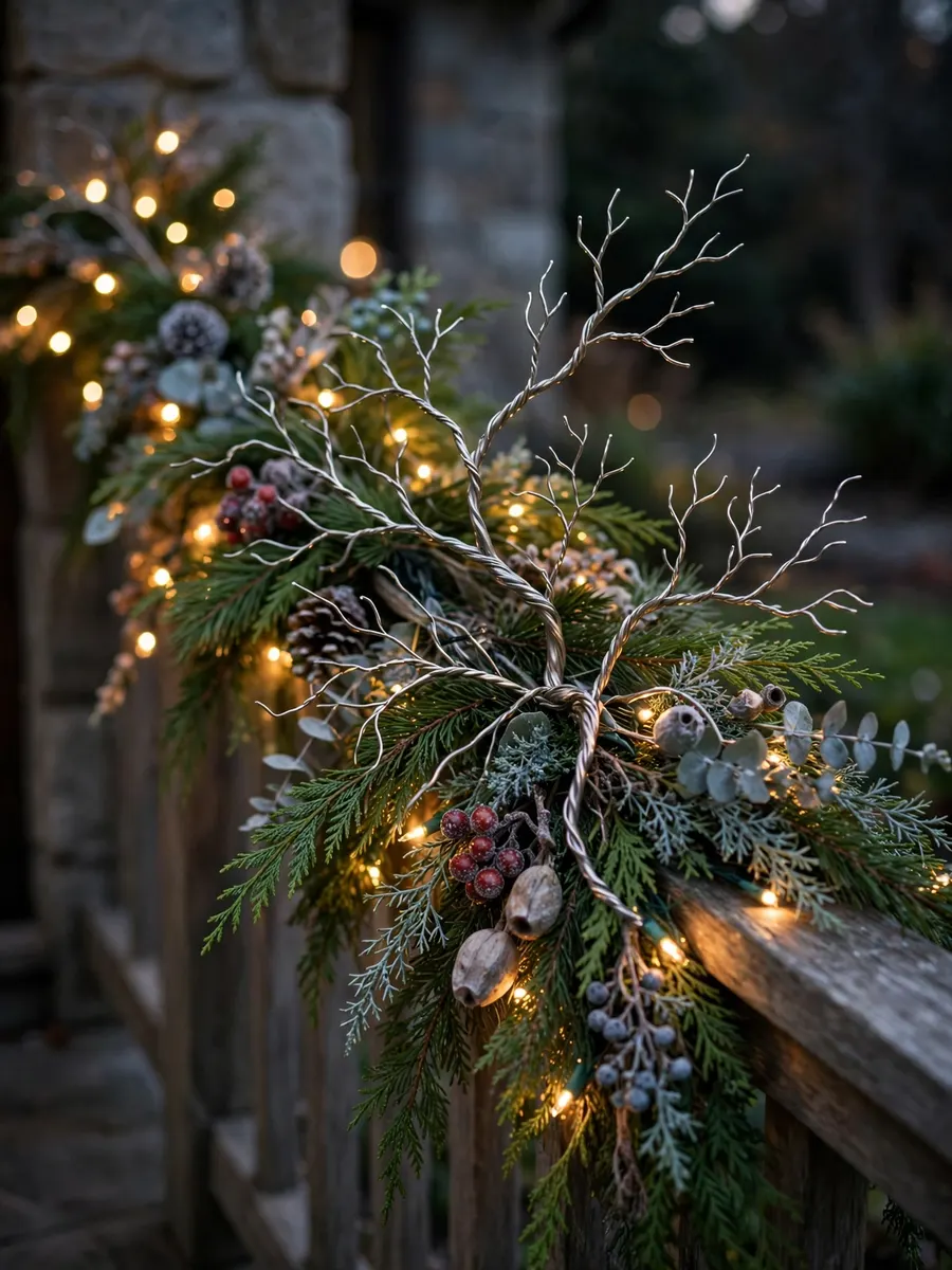 Pewter Wire Branch Styling idea for Outdoor Lighted Christmas Garland