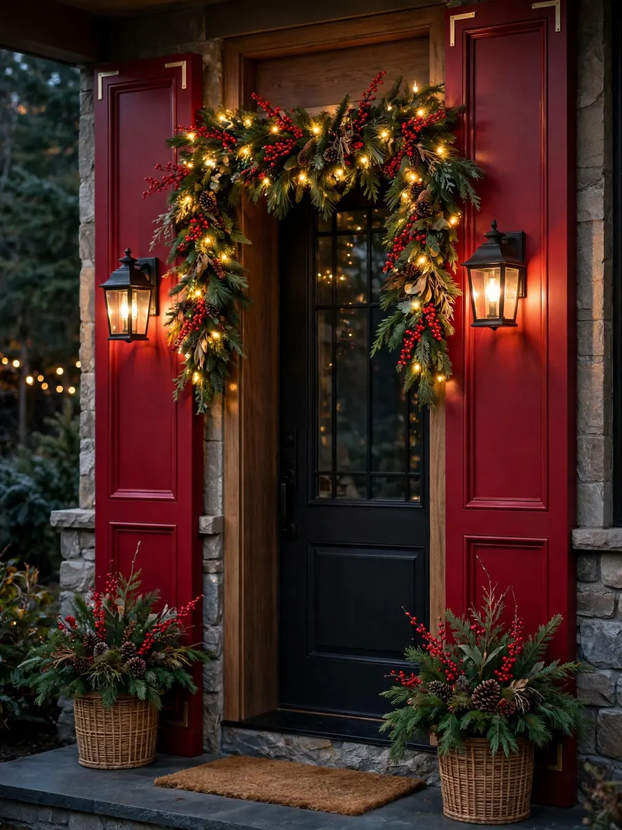 Winterberry Crimson Panels Accents idea for Outdoor Lighted Christmas Garland