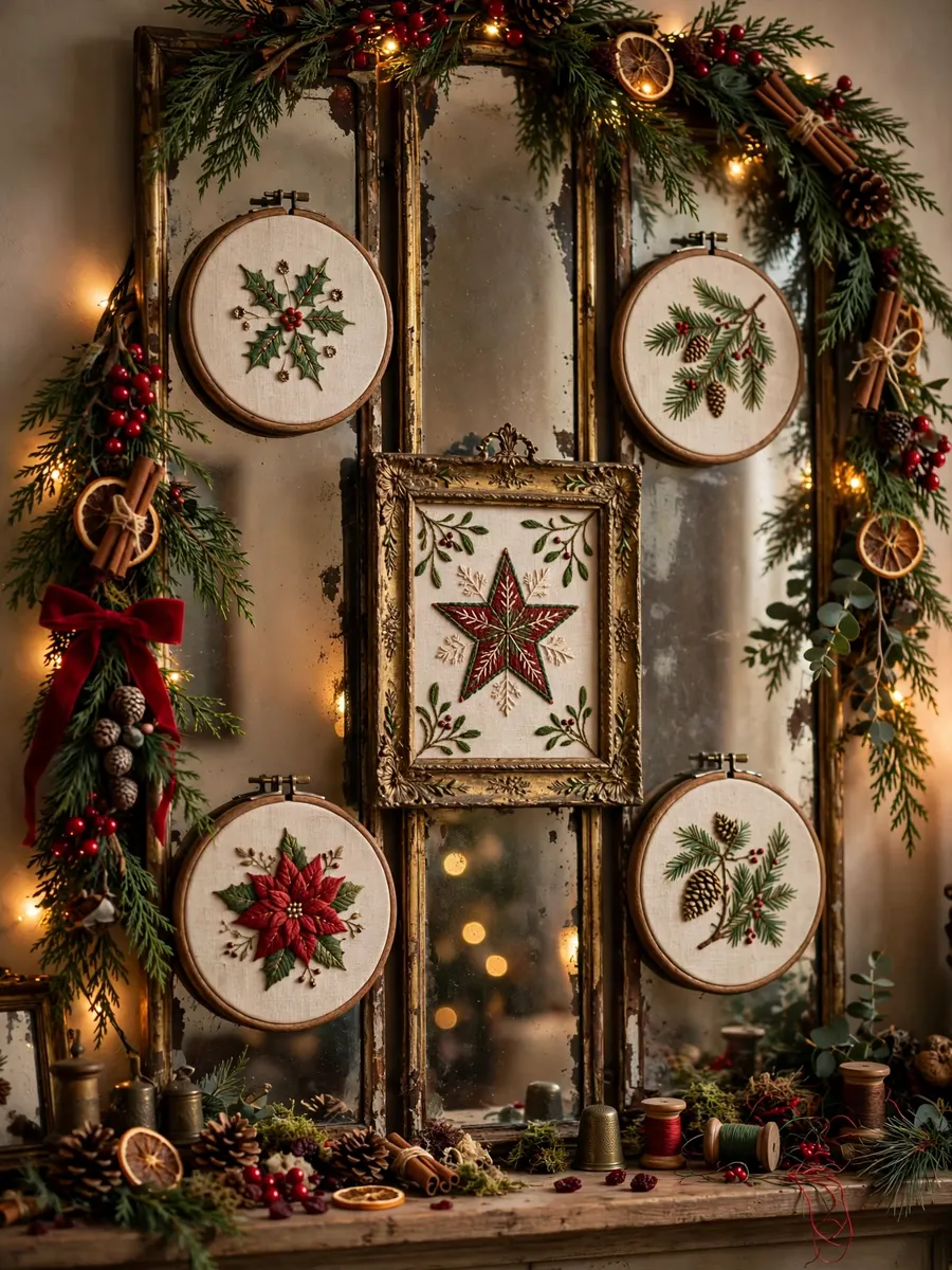 Antique Mirror Needle Displays idea for Red And Green Christmas Decorations